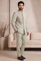 Light Pista Green Satin Beaded Jodhpuri Suit