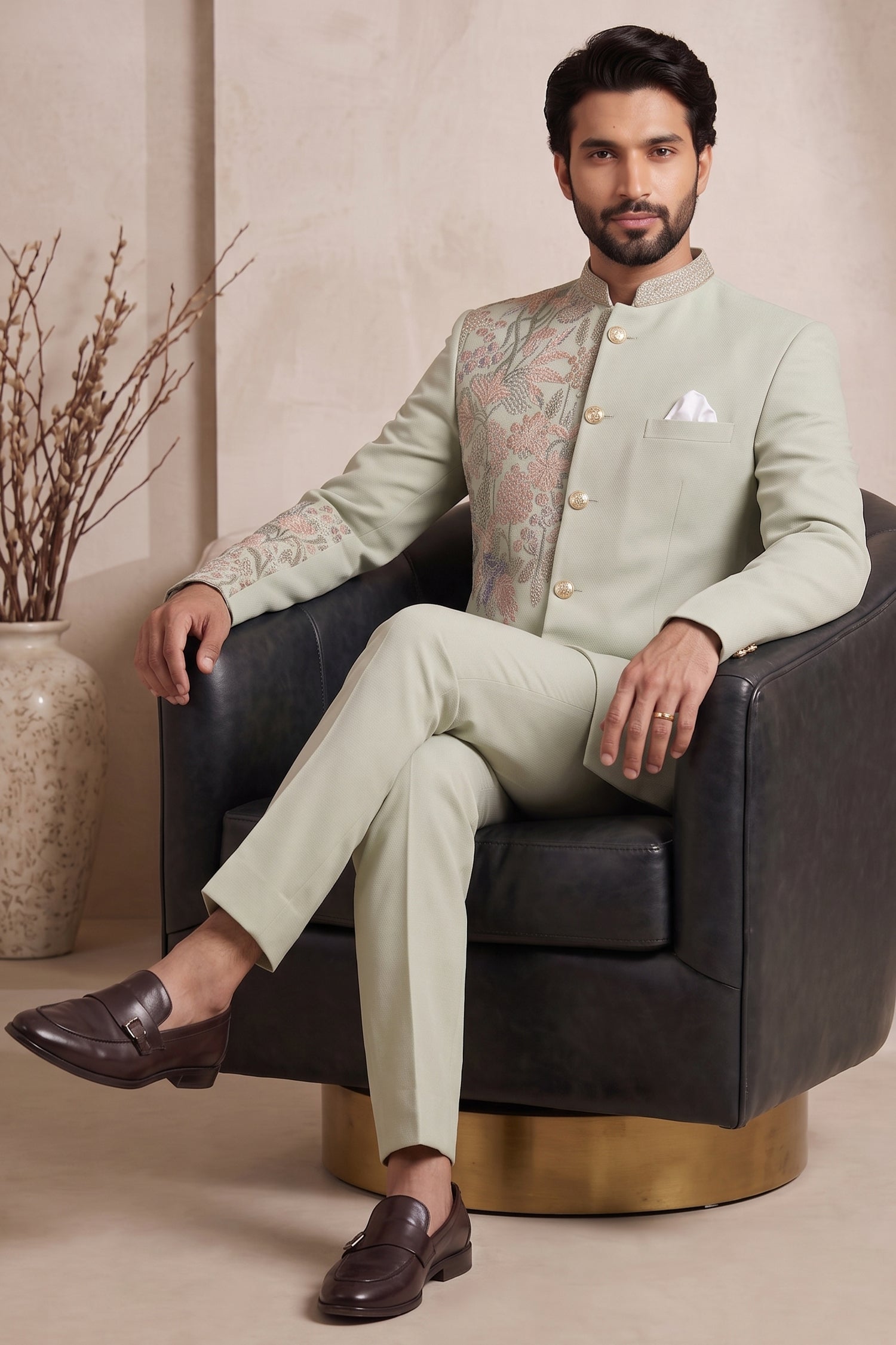 Light Pista Green Satin Beaded Jodhpuri Suit
