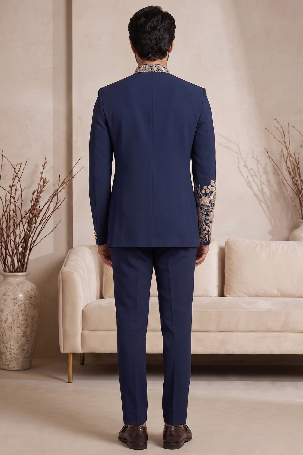 Navy Blue Satin Beaded Jodhpuri Suit