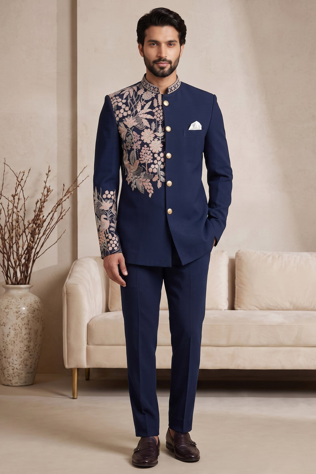 Navy Blue Satin Beaded Jodhpuri Suit