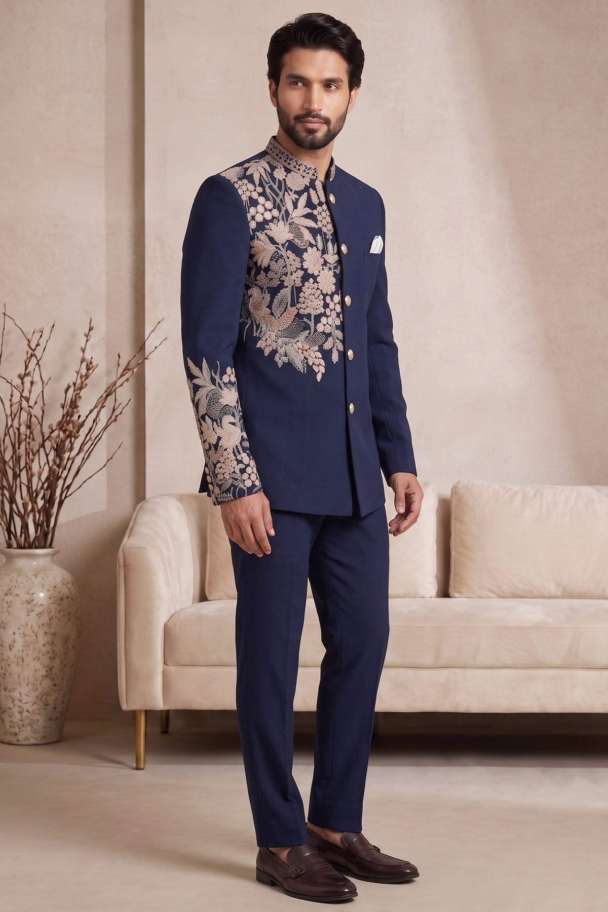 Navy Blue Satin Beaded Jodhpuri Suit