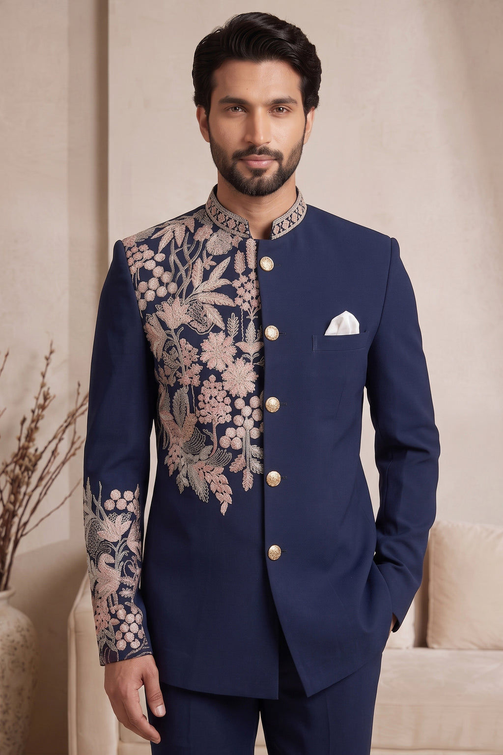 Navy Blue Satin Beaded Jodhpuri Suit