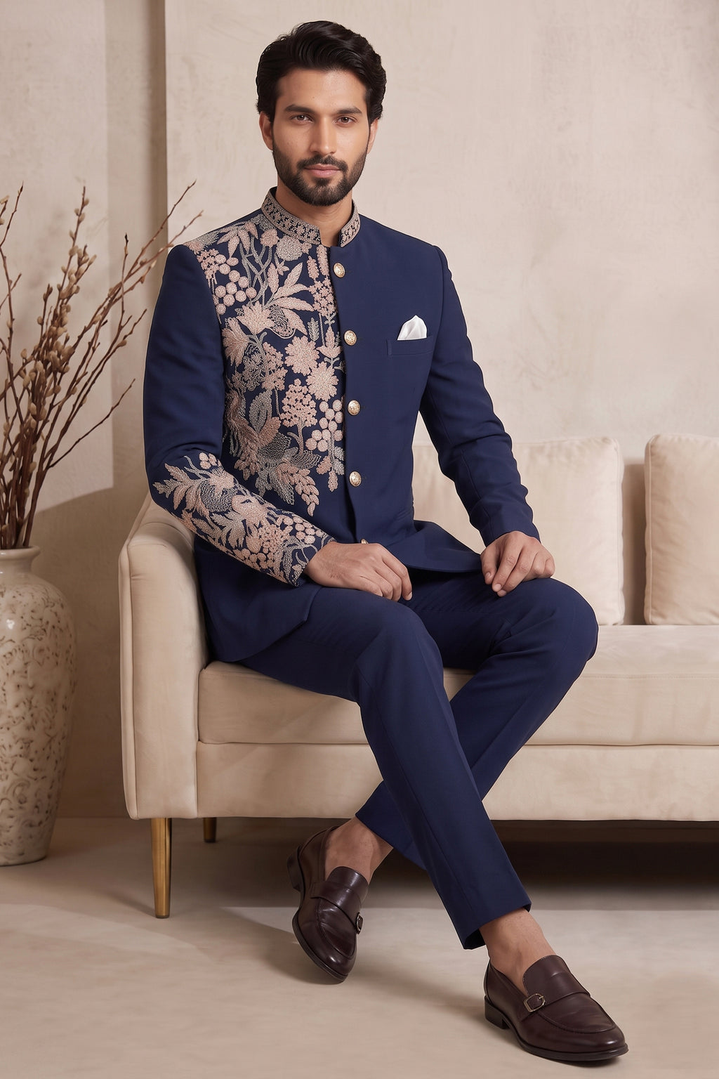 Navy Blue Satin Beaded Jodhpuri Suit