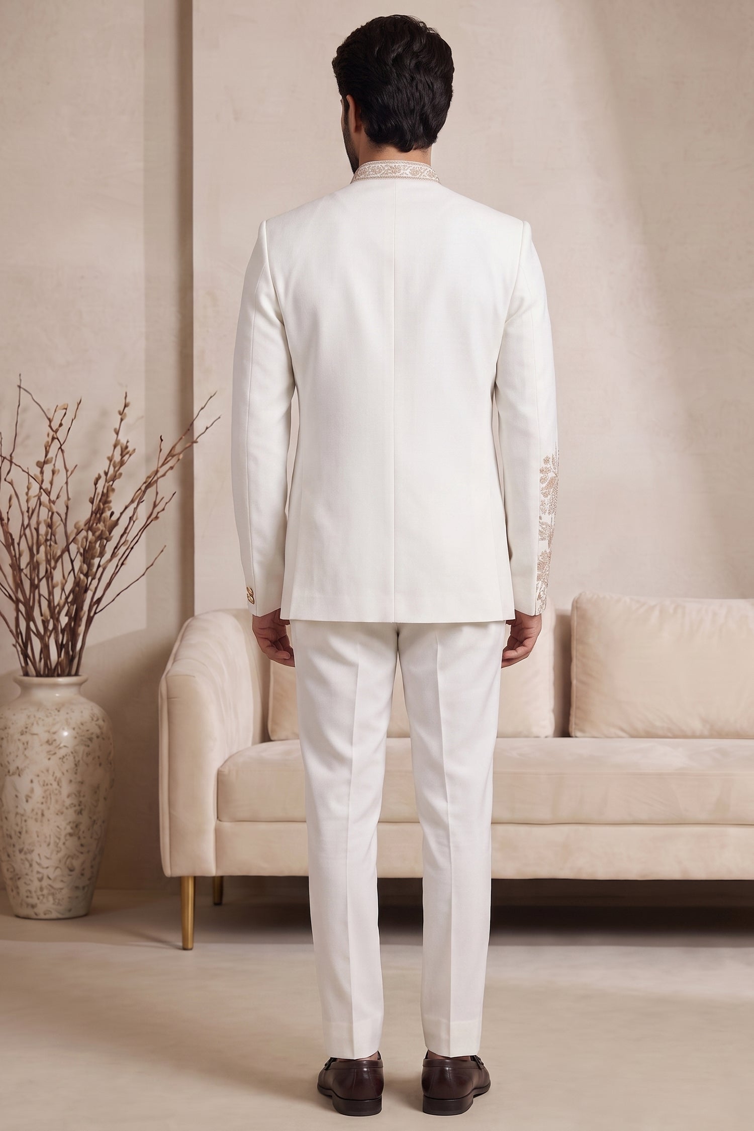 Off White Satin Beaded Jodhpuri Suit