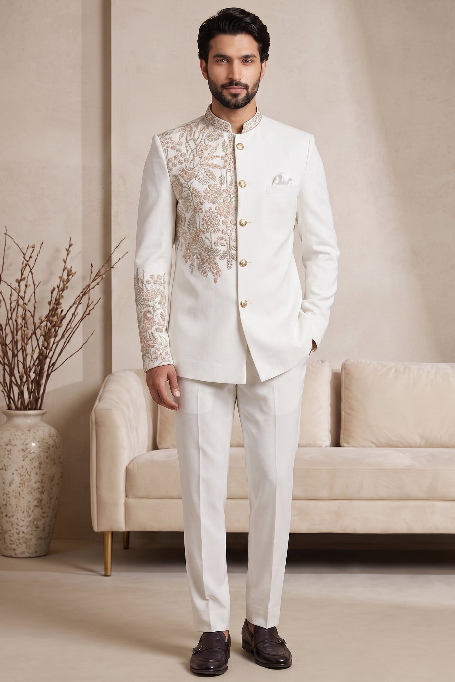 Off White Satin Beaded Jodhpuri Suit