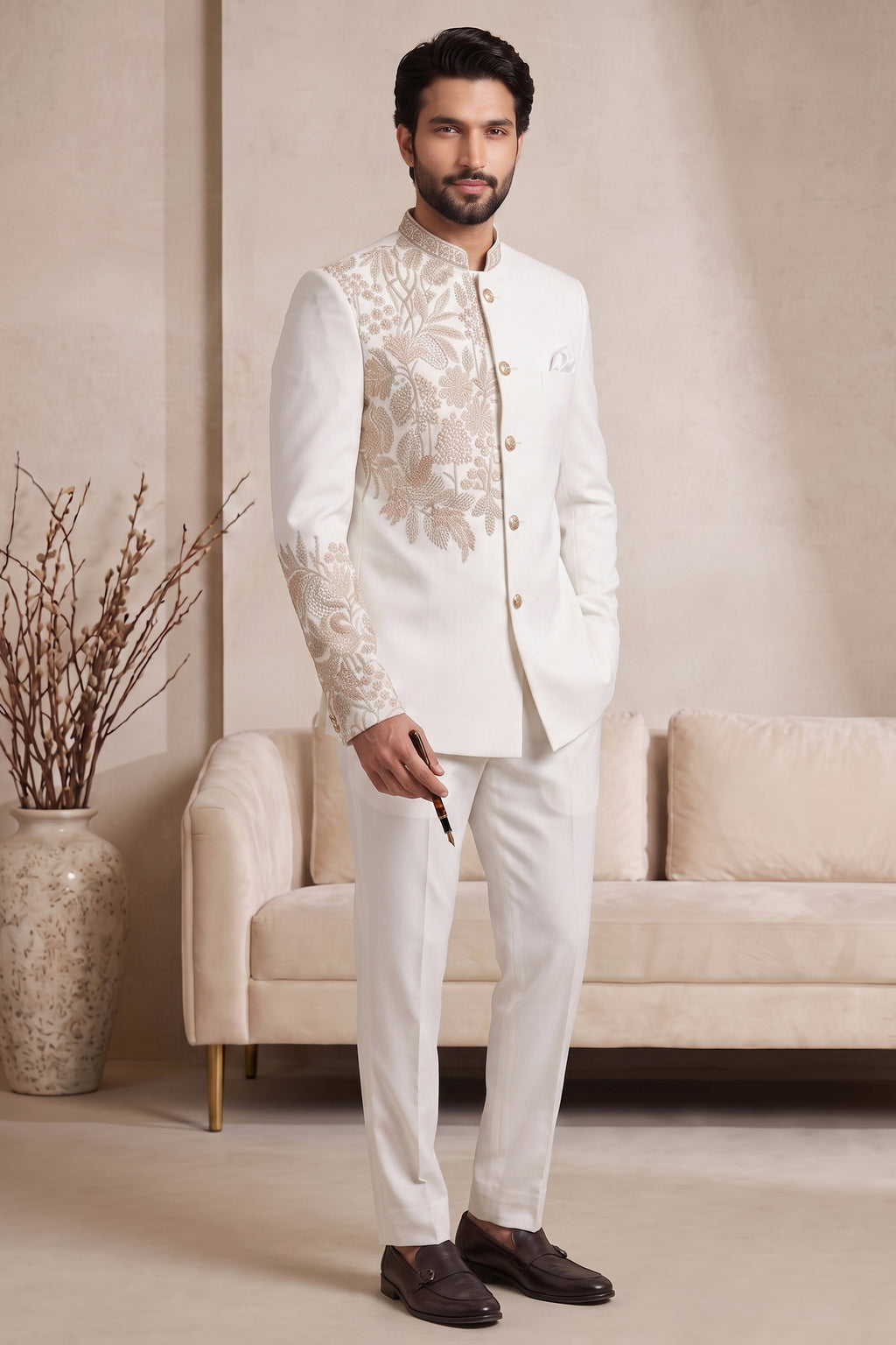 Off White Satin Beaded Jodhpuri Suit
