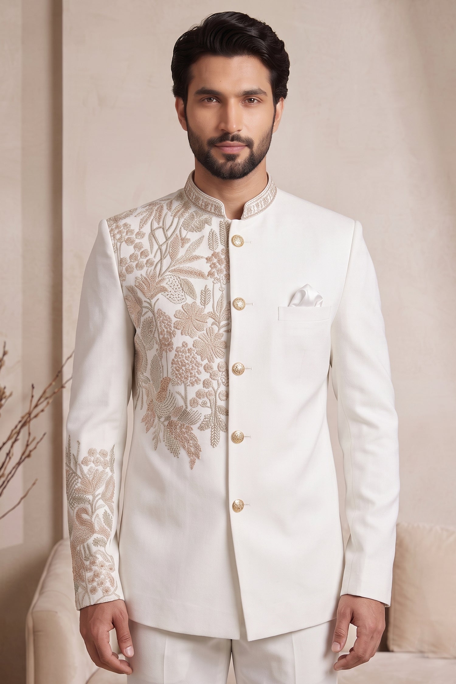 Off White Satin Beaded Jodhpuri Suit Secondary image