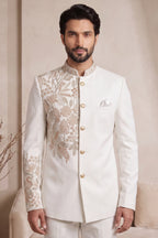 Off White Satin Beaded Jodhpuri Suit