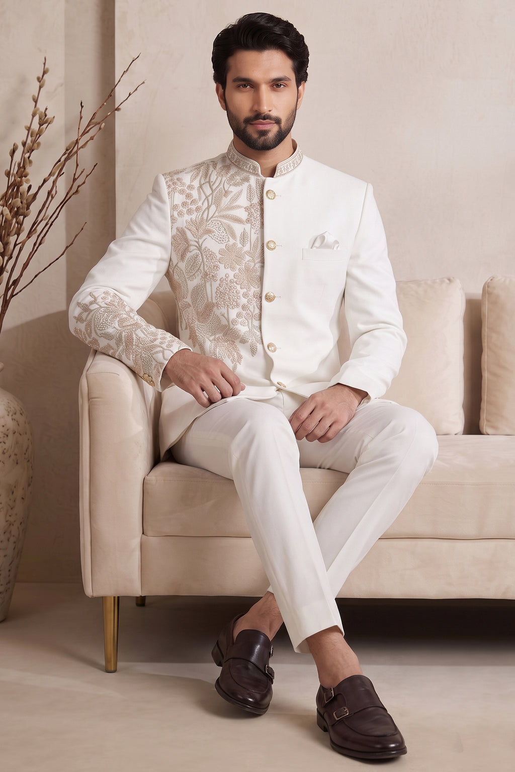 Off White Satin Beaded Jodhpuri Suit