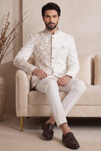 Off White Satin Beaded Jodhpuri Suit