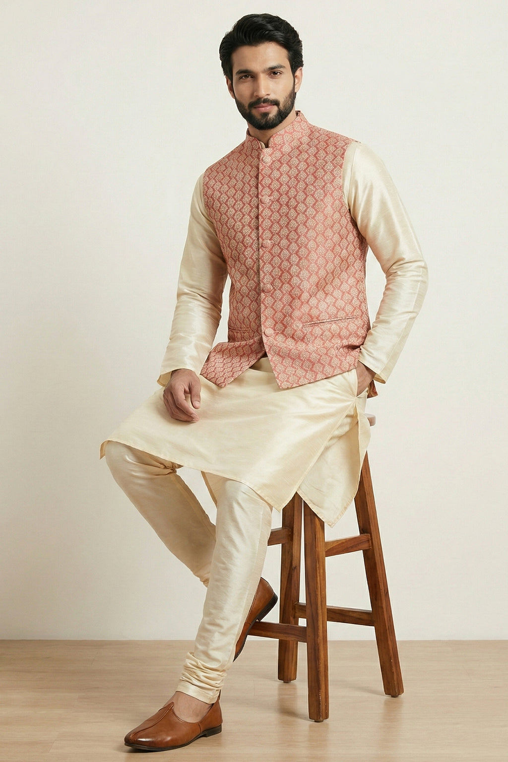 Gold Cream Banarasi Dupion Kurta Pajama with Jacket