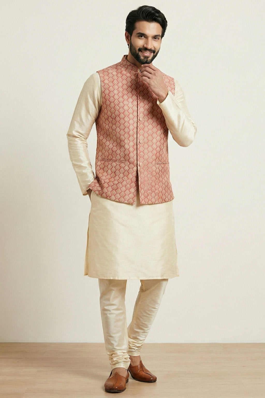 Gold Cream Banarasi Dupion Kurta Pajama with Jacket