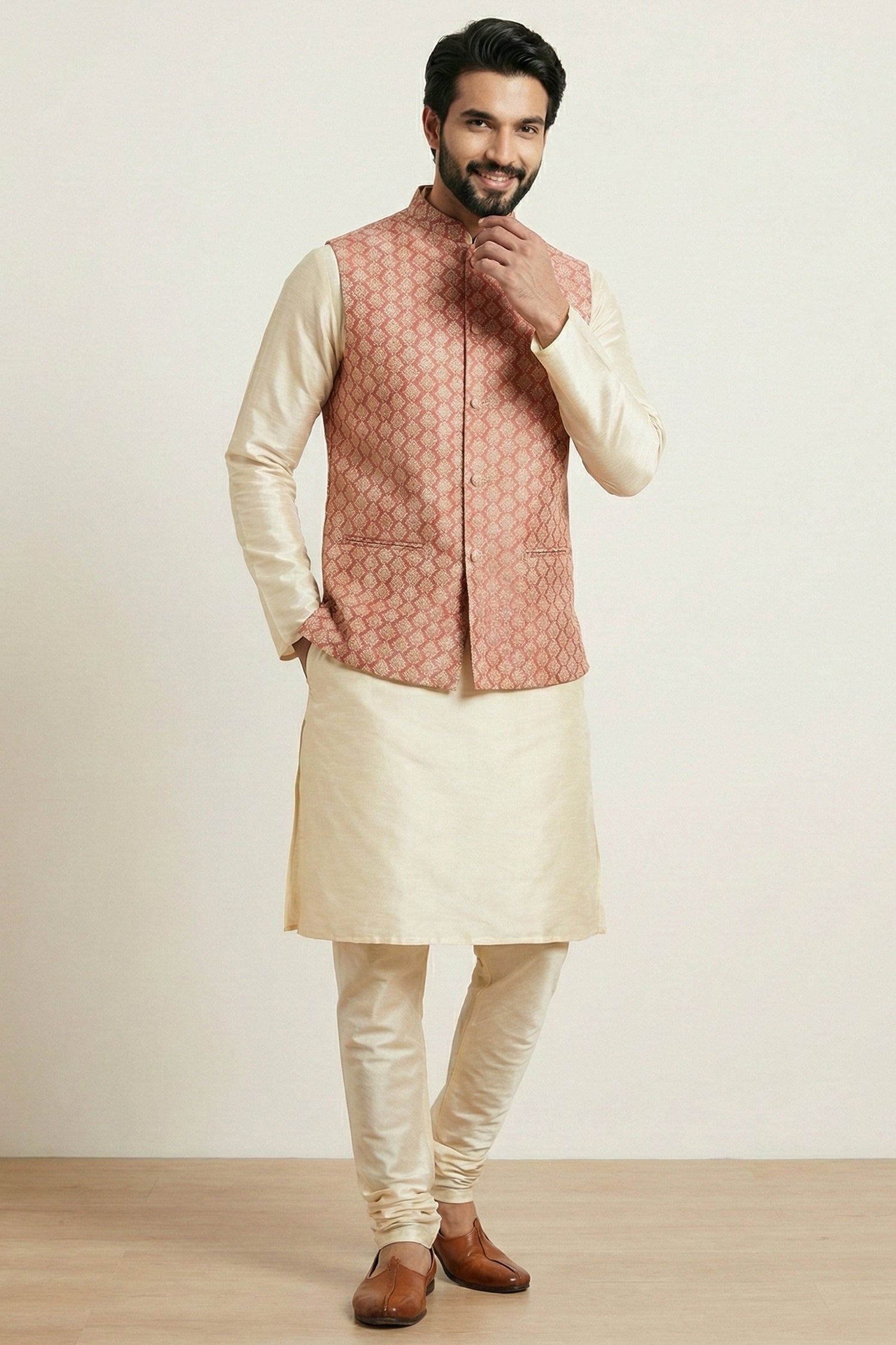 Gold Cream Banarasi Dupion Kurta Pajama with Jacket