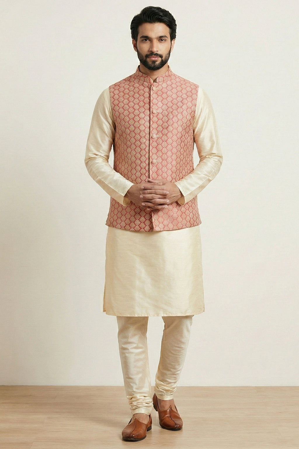 Gold Cream Banarasi Dupion Kurta Pajama with Jacket