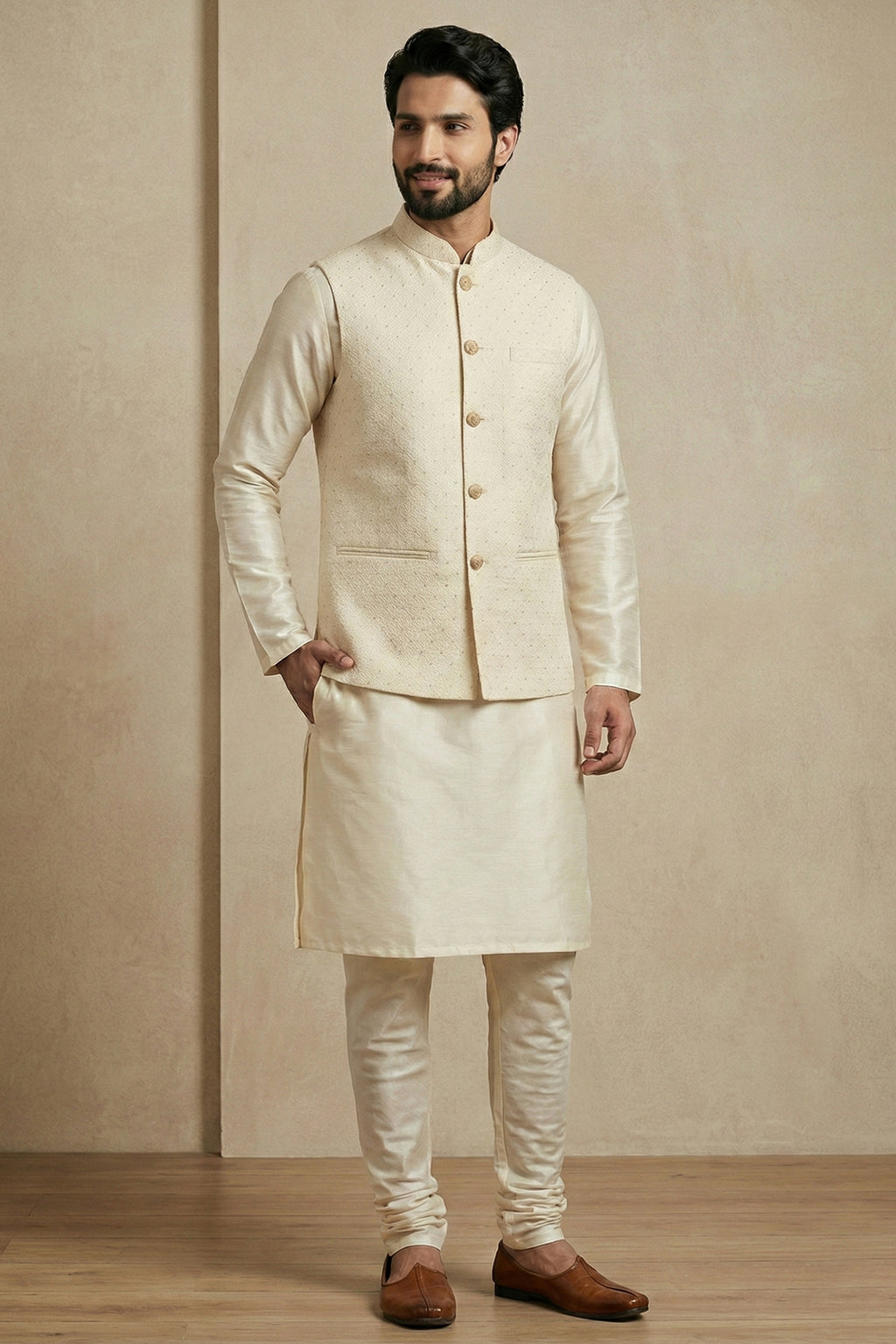 Cream Banarasi Dupion Kurta Pajama with Jacket
