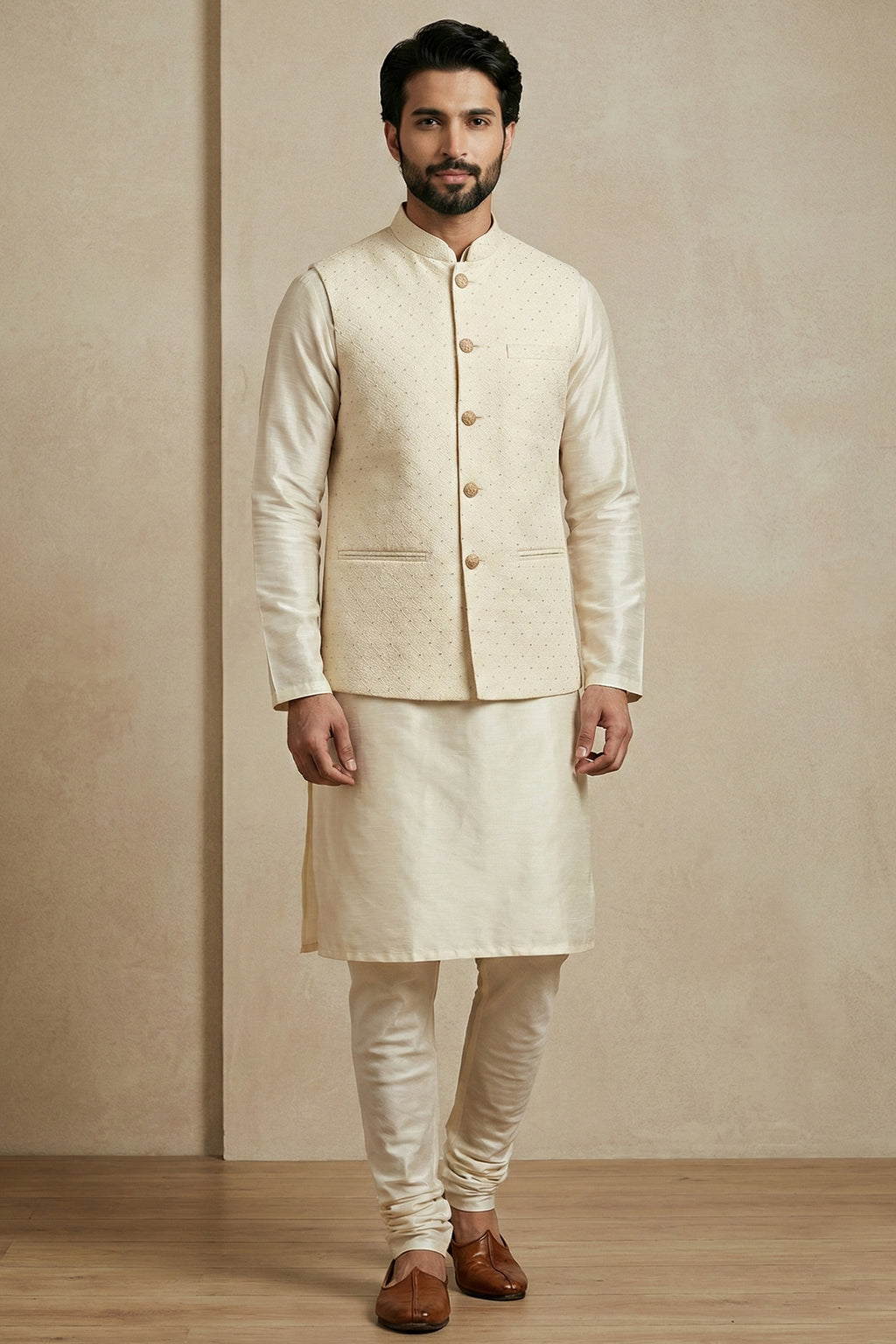 Cream Banarasi Dupion Kurta Pajama with Jacket