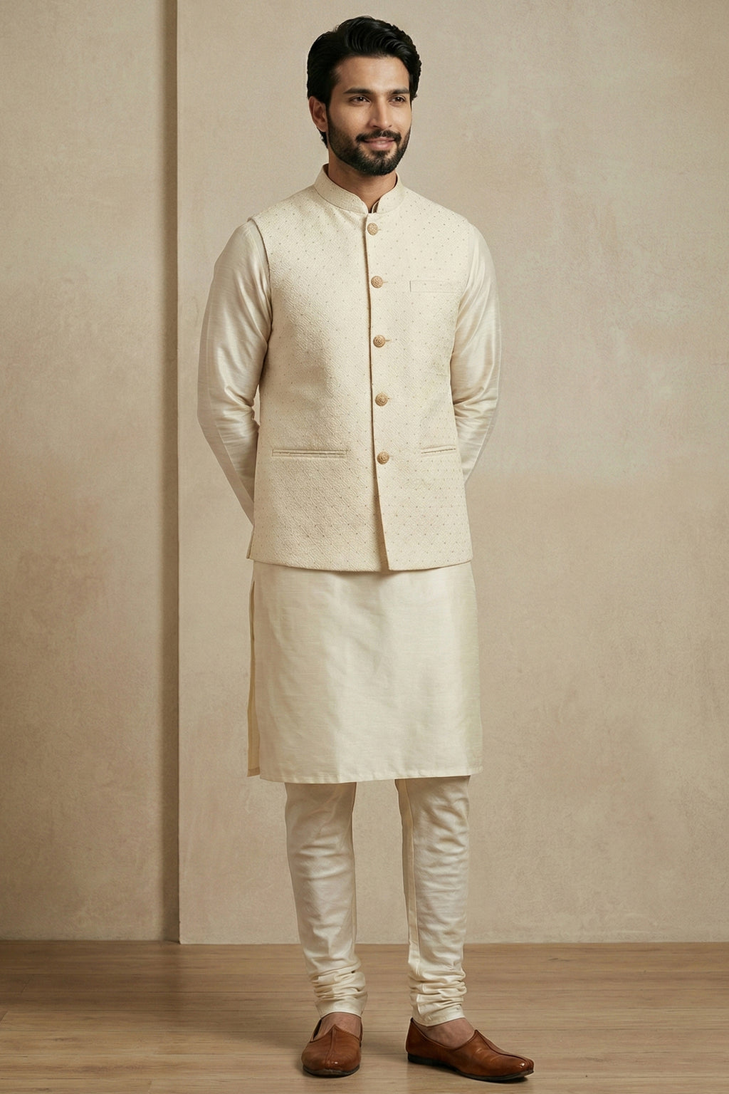Cream Banarasi Dupion Kurta Pajama with Jacket