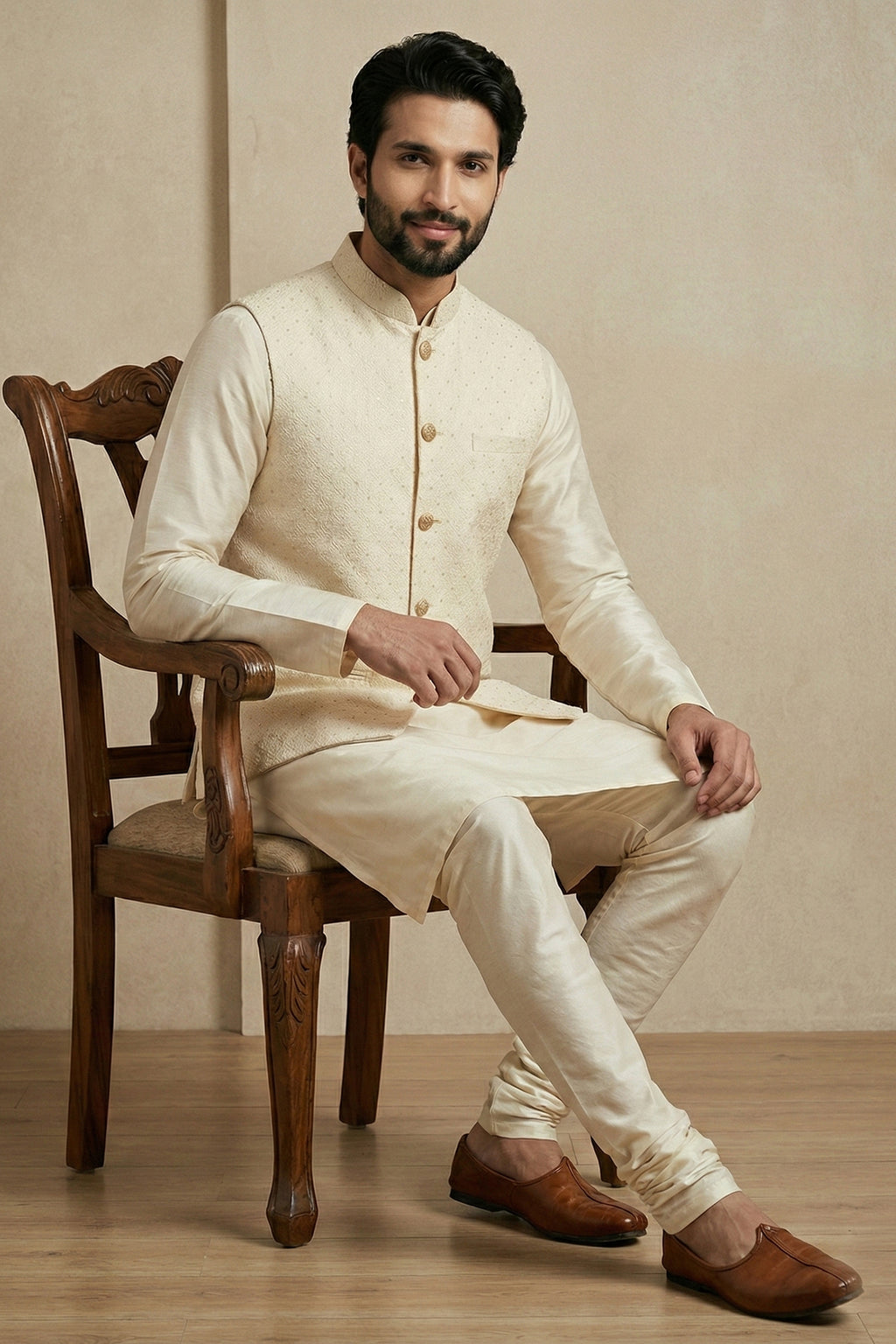 Cream Banarasi Dupion Kurta Pajama with Jacket