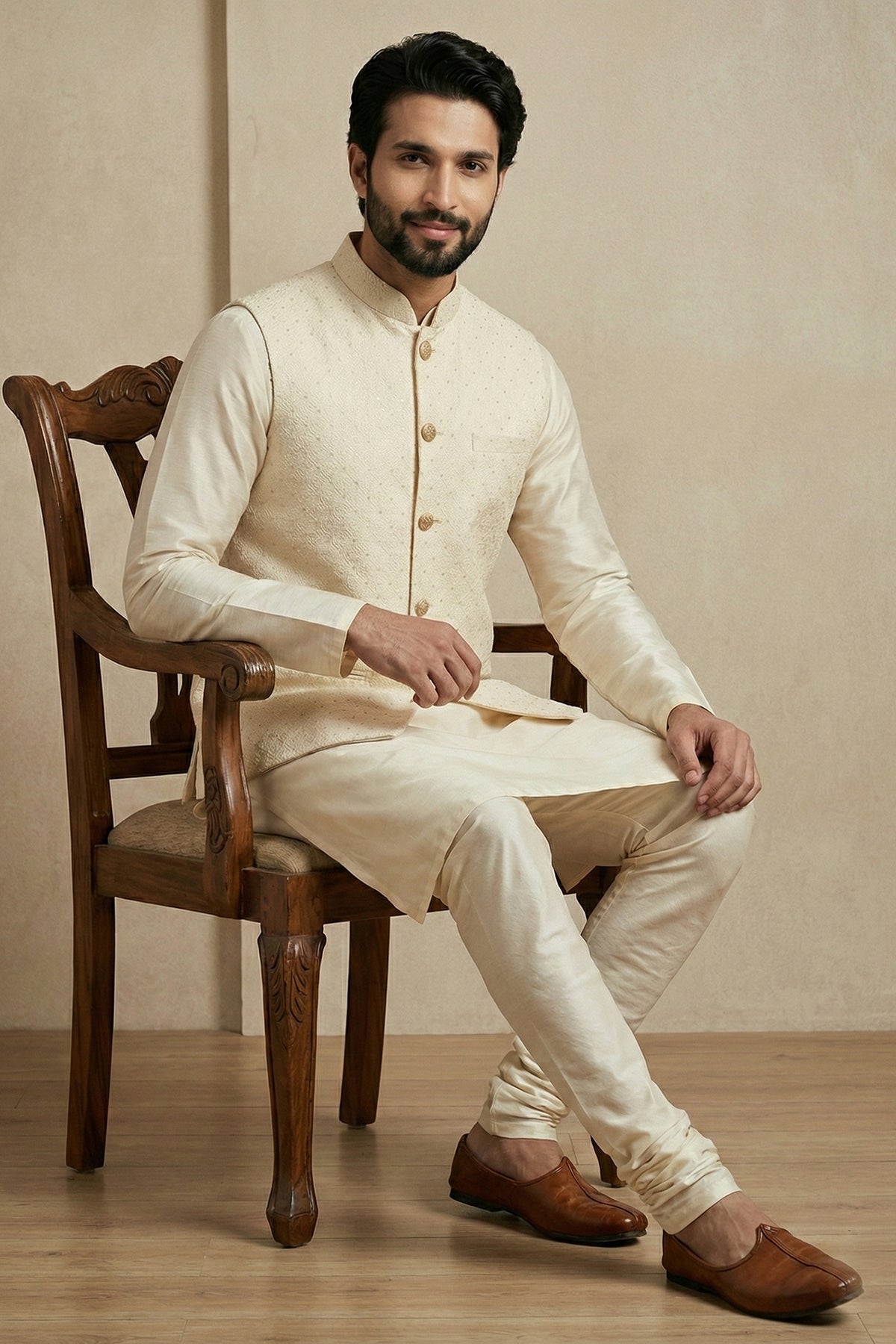 Cream Banarasi Dupion Kurta Pajama with Jacket