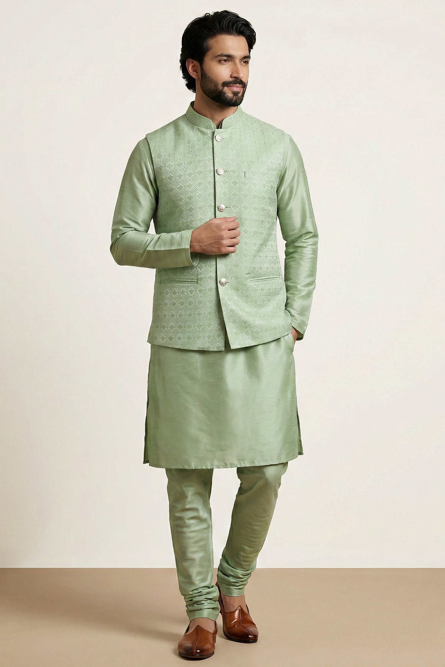 Light Pista Green Banarasi Dupion Kurta Pajama with Jacket Secondary image