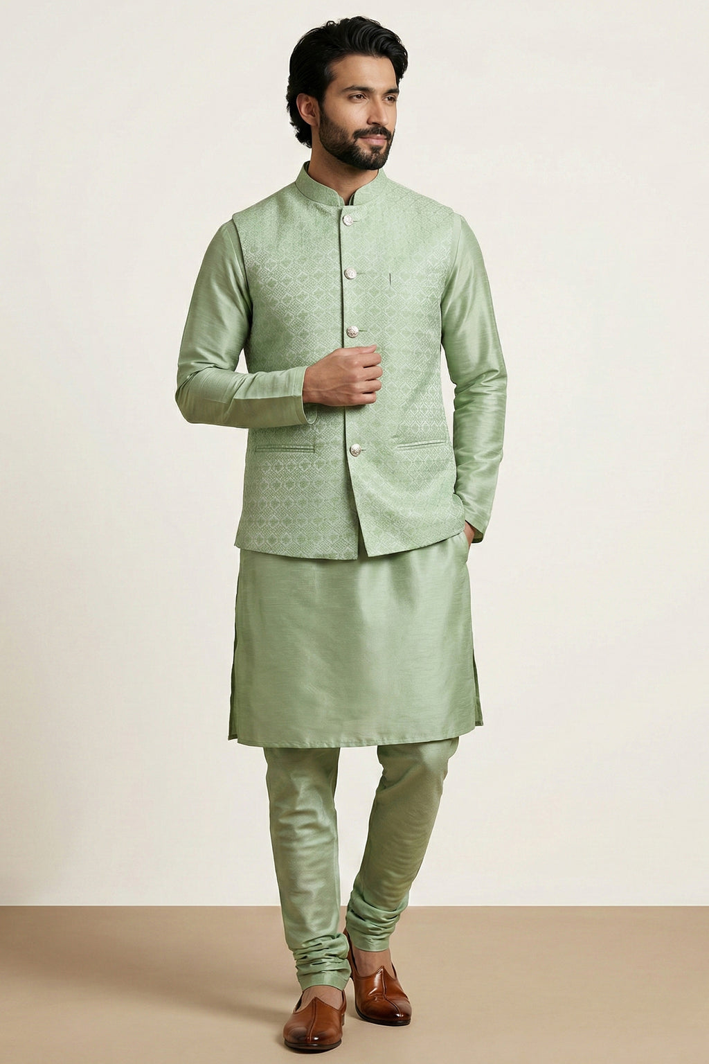 Light Pista Green Banarasi Dupion Kurta Pajama with Jacket