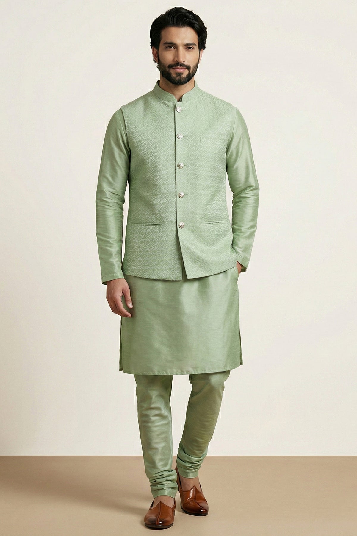 Light Pista Green Banarasi Dupion Kurta Pajama with Jacket