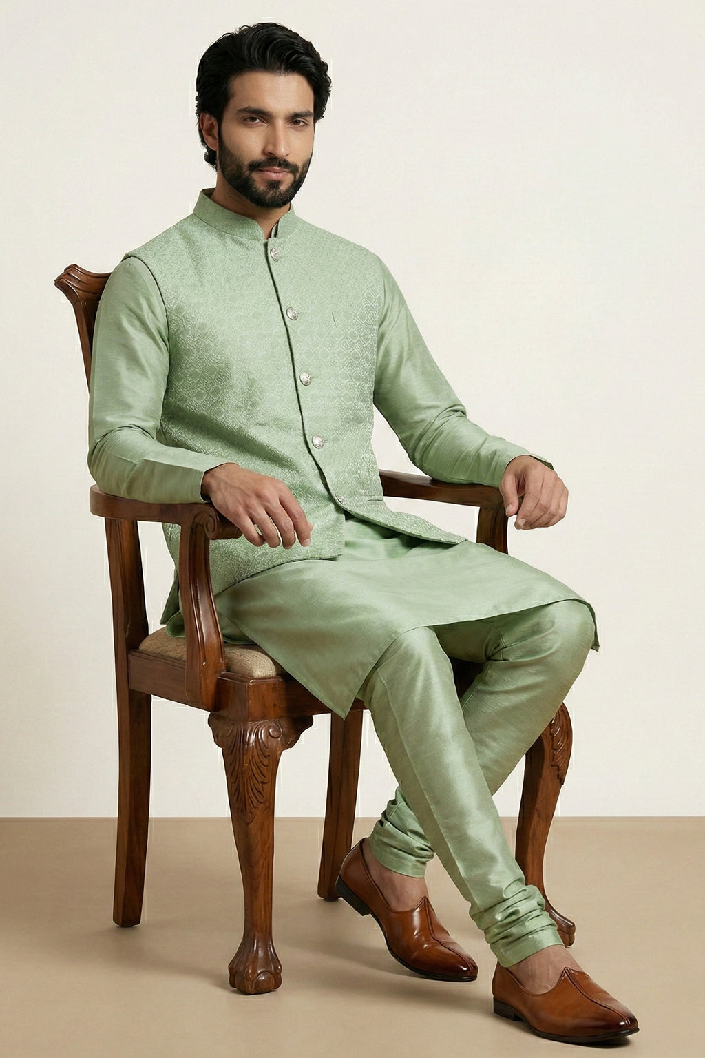 Light Pista Green Banarasi Dupion Kurta Pajama with Jacket