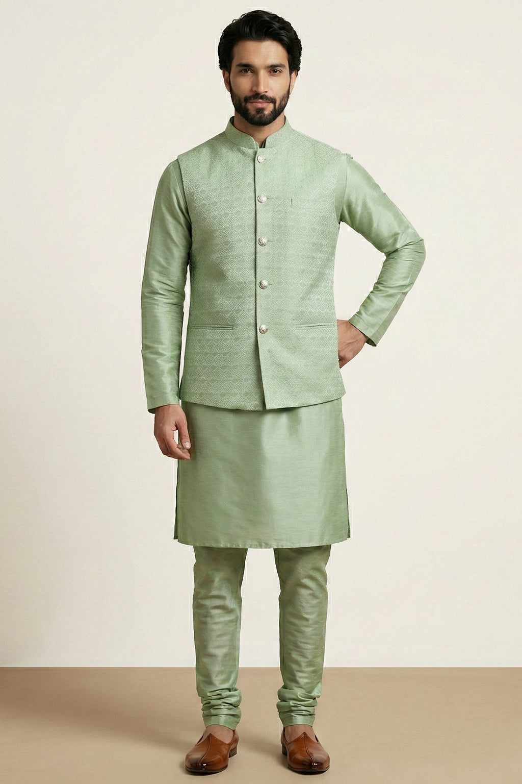 Light Pista Green Banarasi Dupion Kurta Pajama with Jacket
