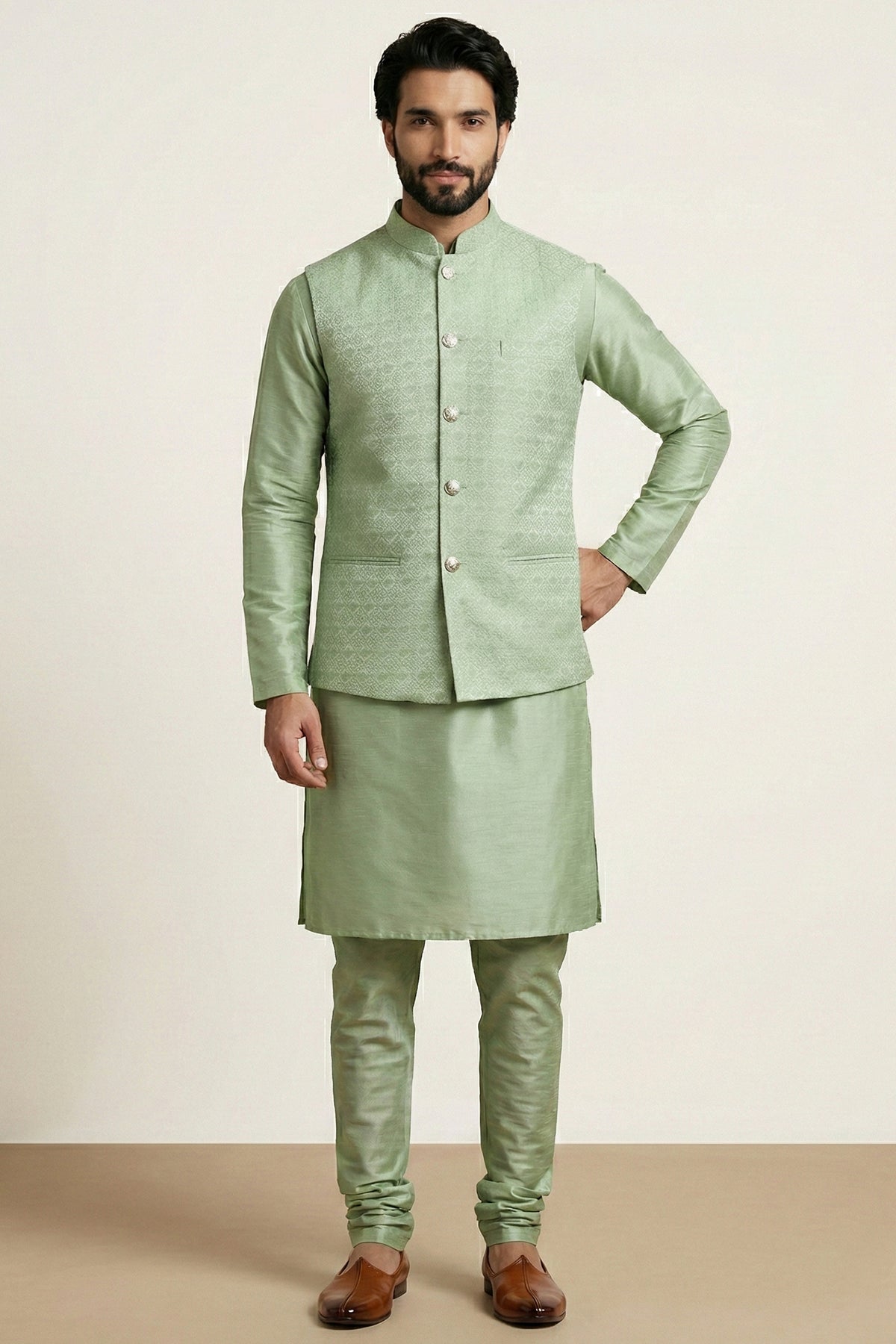 Light Pista Green Banarasi Dupion Kurta Pajama with Jacket