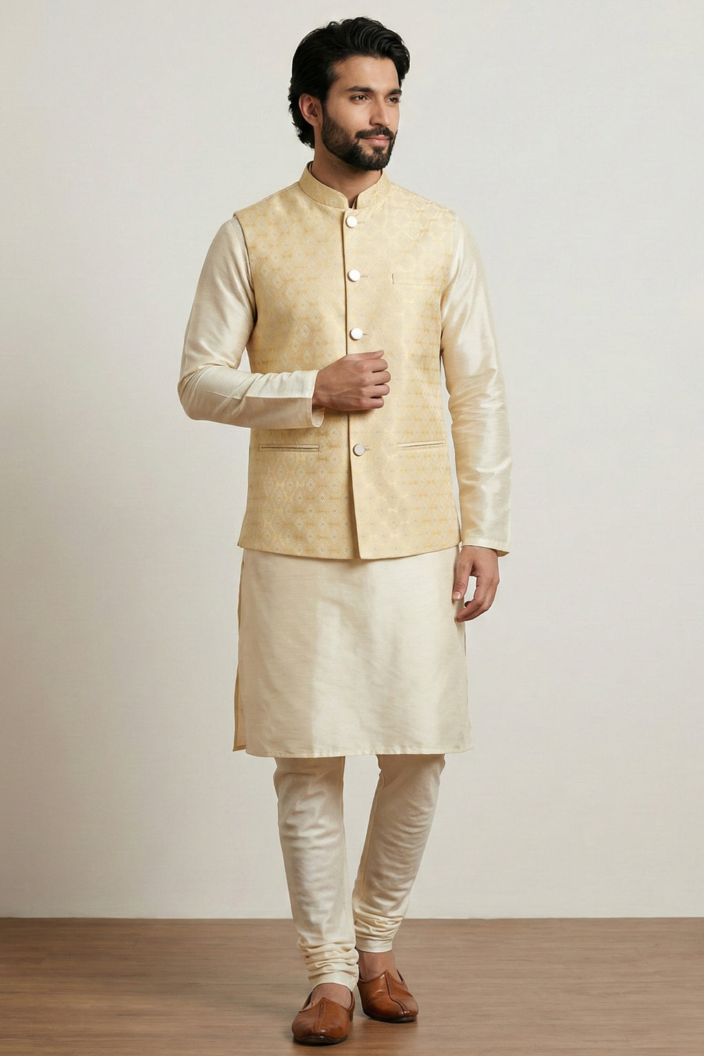 Gold Cream Banarasi Dupion Kurta Pajama with Jacket