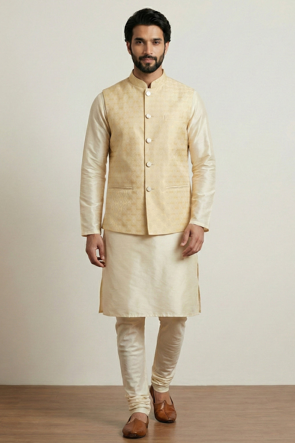 Gold Cream Banarasi Dupion Kurta Pajama with Jacket