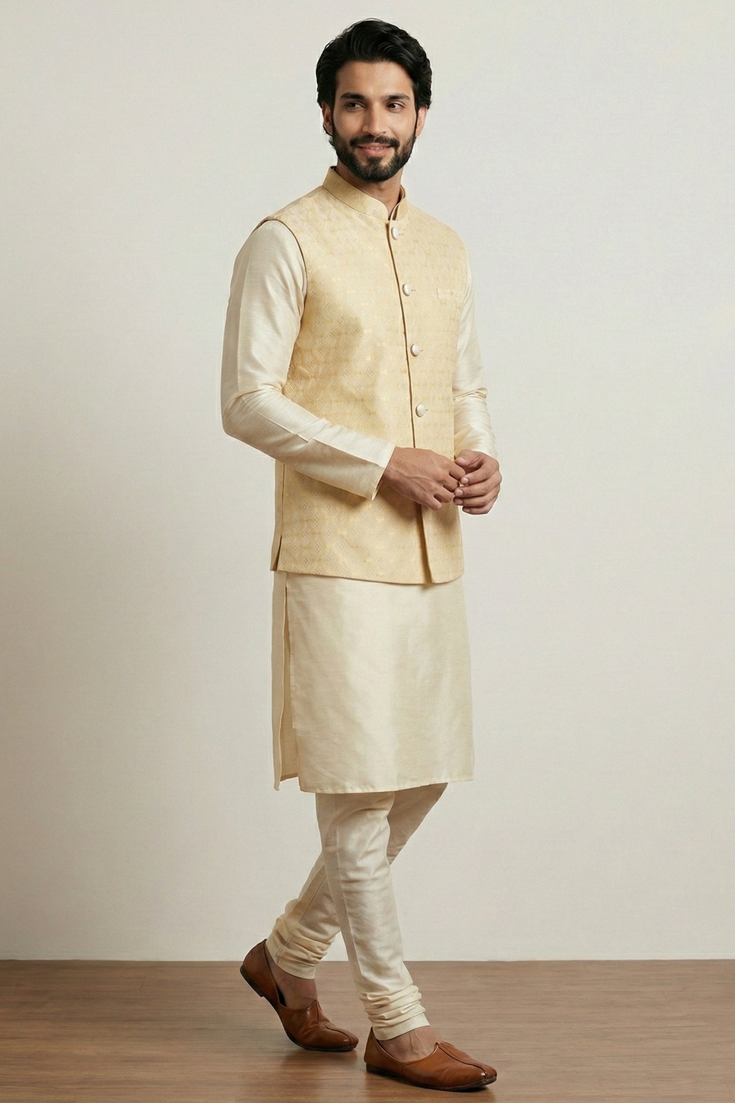 Gold Cream Banarasi Dupion Kurta Pajama with Jacket