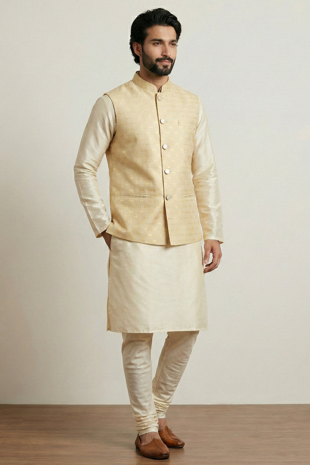 Gold Cream Banarasi Dupion Kurta Pajama with Jacket