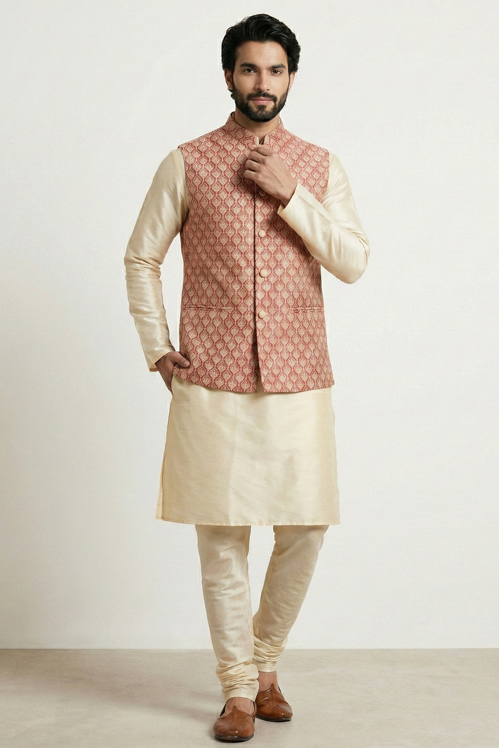 Gold Cream Banarasi Dupion Kurta Pajama with Jacket