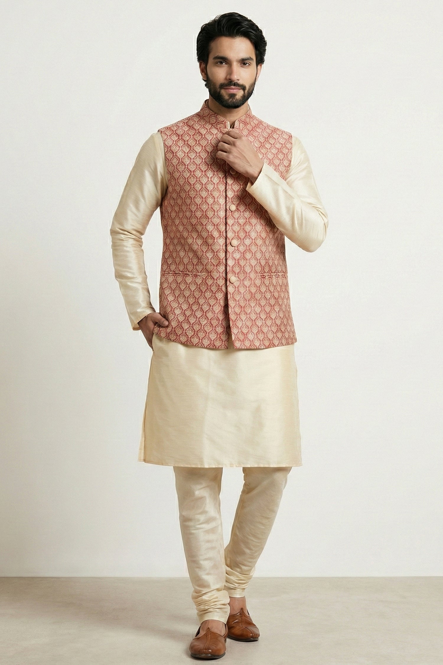 Gold Cream Banarasi Dupion Kurta Pajama with Jacket