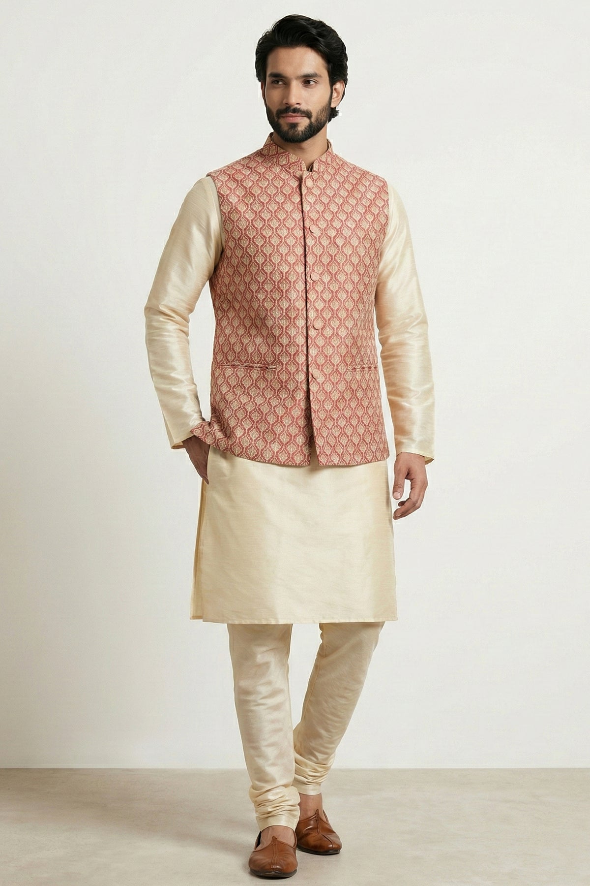 Gold Cream Banarasi Dupion Kurta Pajama with Jacket
