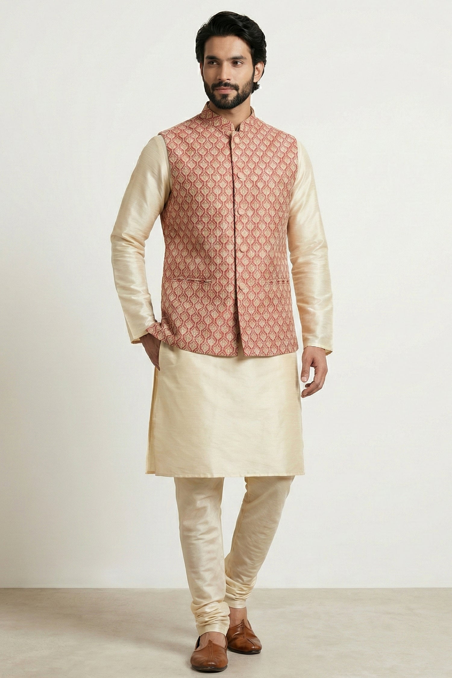 Gold Cream Banarasi Dupion Kurta Pajama with Jacket