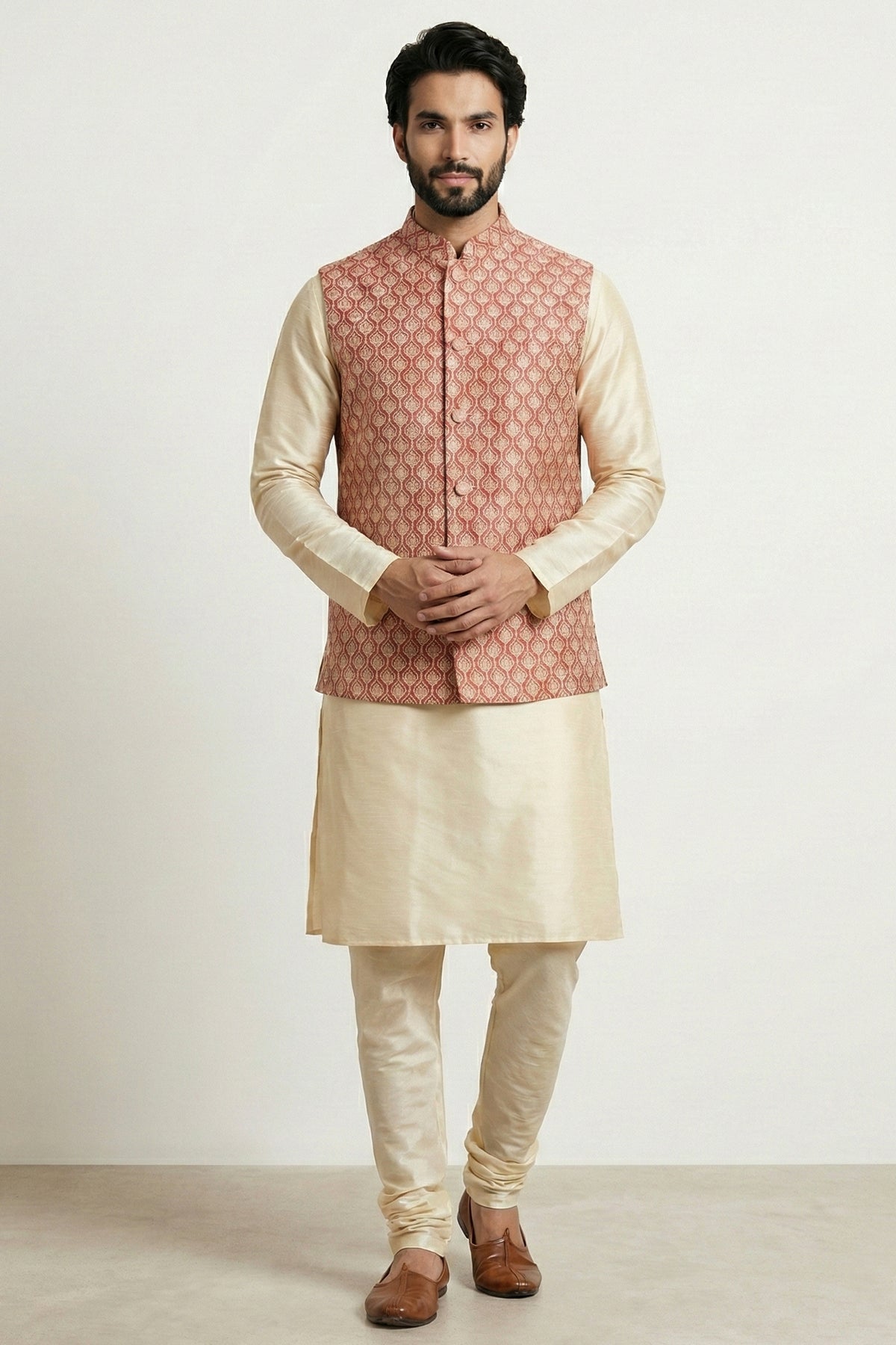 Gold Cream Banarasi Dupion Kurta Pajama with Jacket