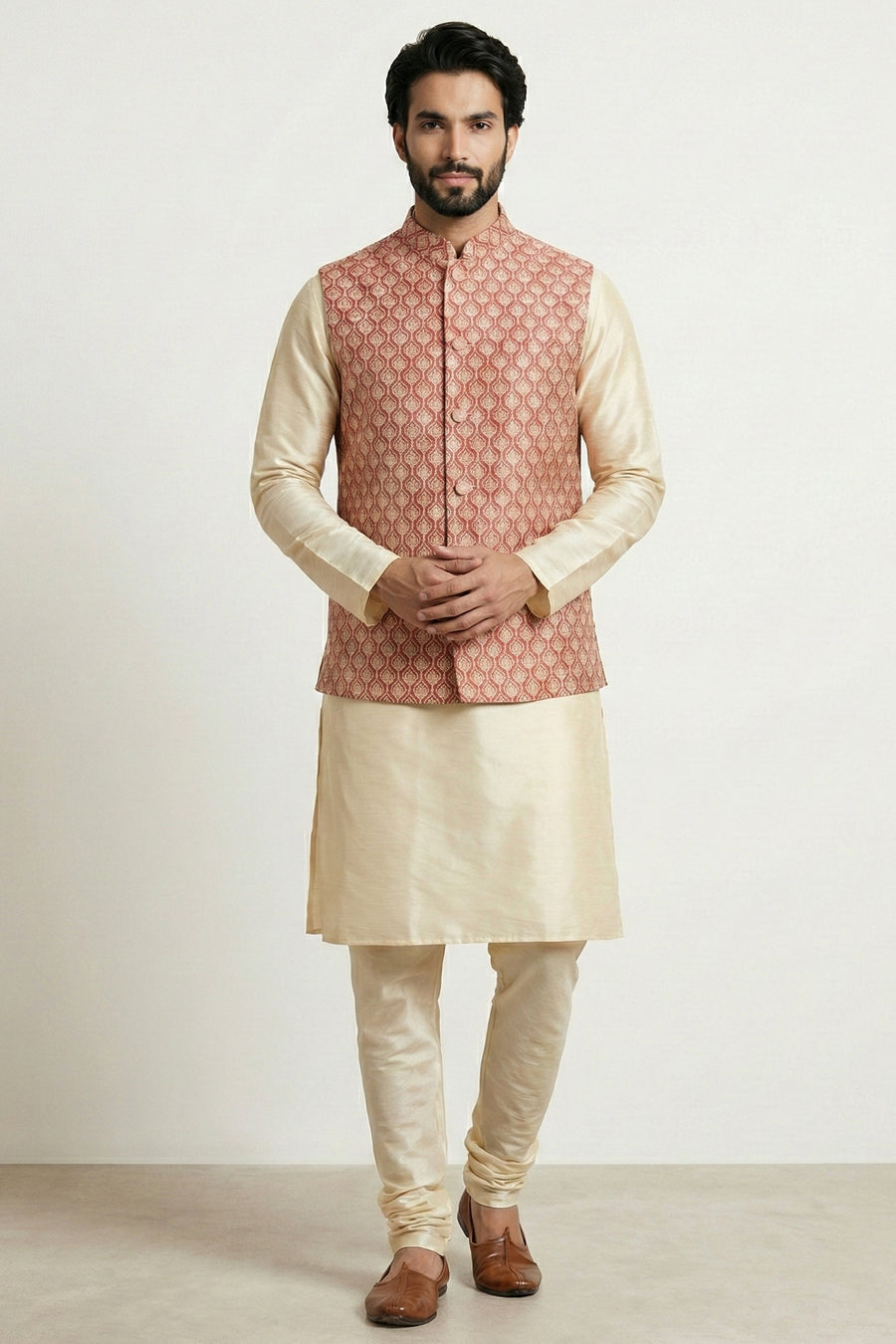 Gold Cream Banarasi Dupion Kurta Pajama with Jacket