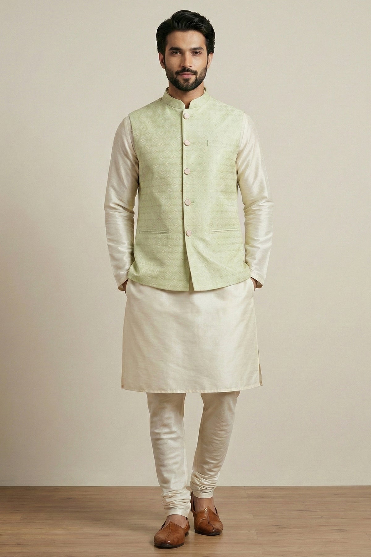 Cream Banarasi Dupion Kurta Pajama with Jacket Main image