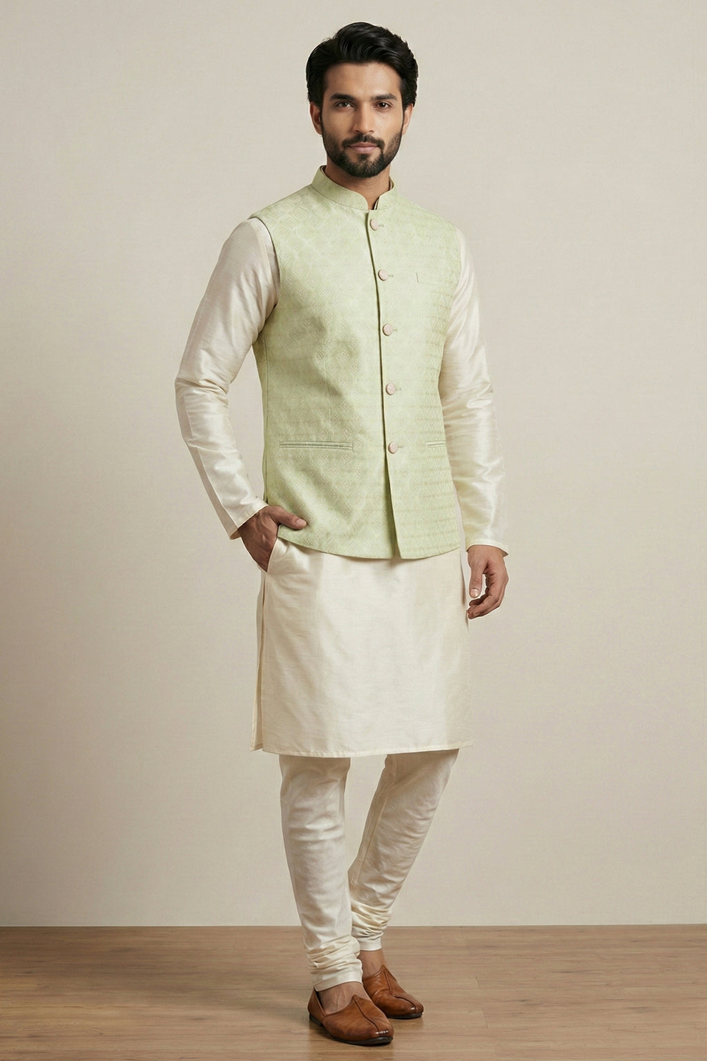 Cream Banarasi Dupion Kurta Pajama with Jacket