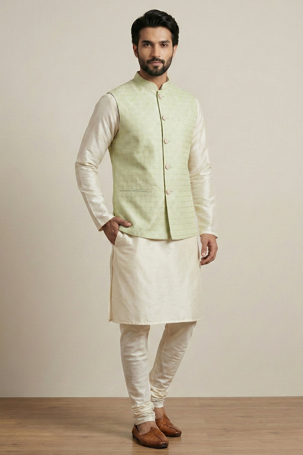 Cream Banarasi Dupion Kurta Pajama with Jacket