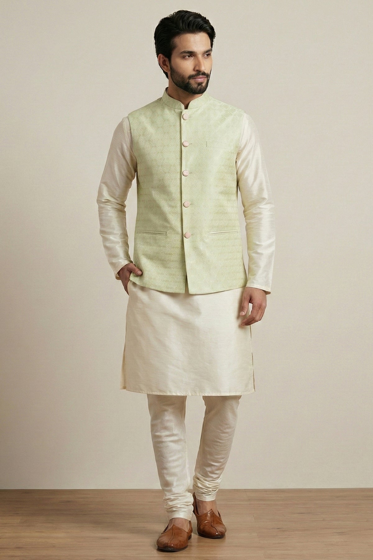 Cream Banarasi Dupion Kurta Pajama with Jacket