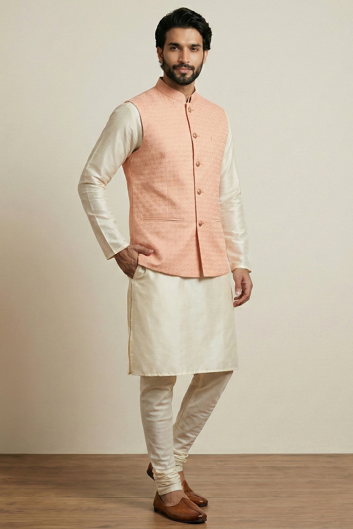 Cream Banarasi Dupion Kurta Pajama with Jacket Main image