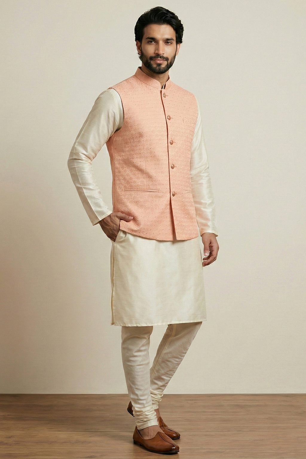 Cream Banarasi Dupion Kurta Pajama with Jacket