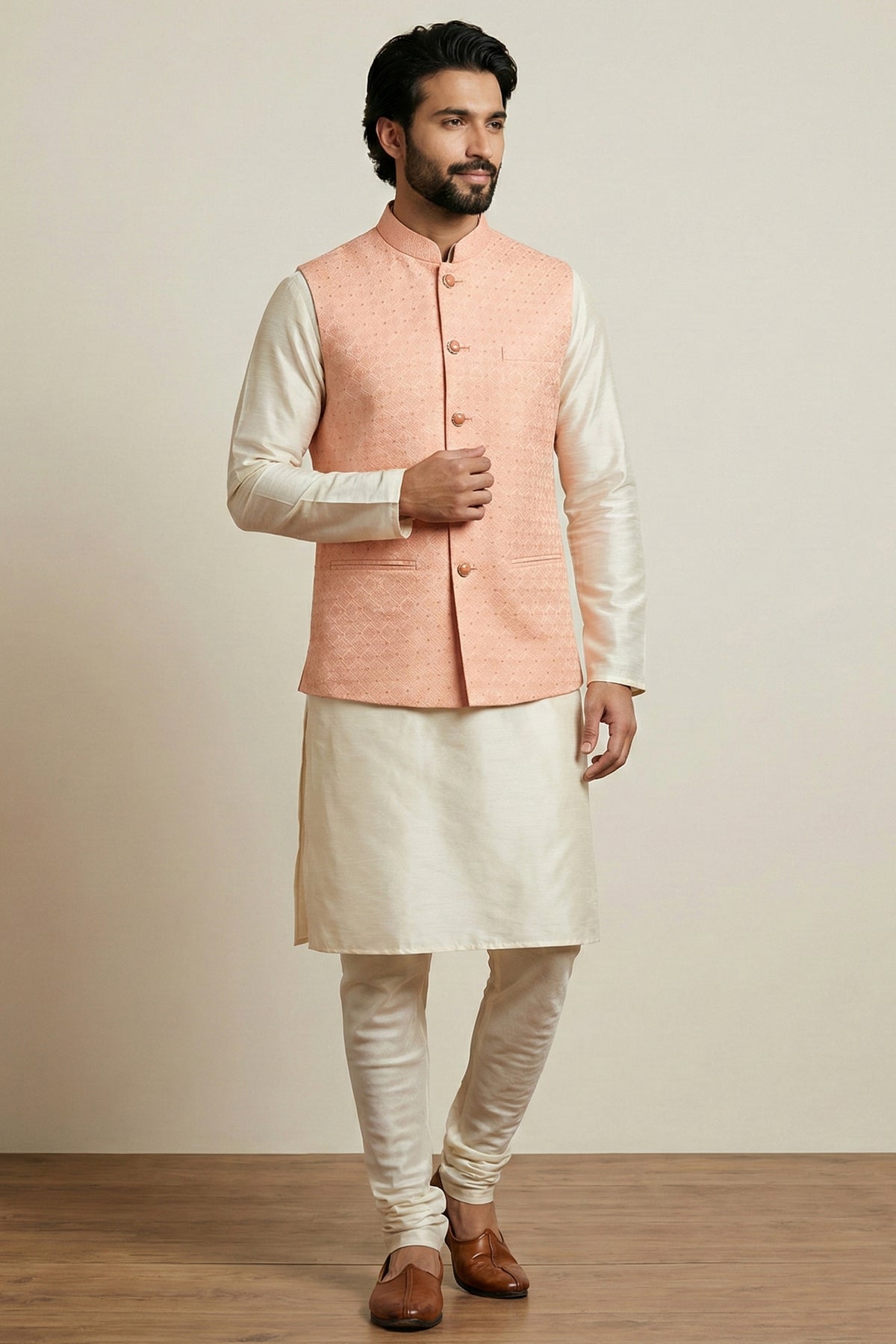 Cream Banarasi Dupion Kurta Pajama with Jacket