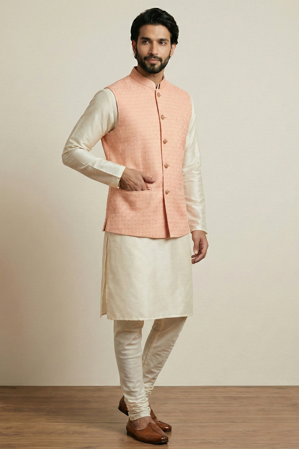 Cream Banarasi Dupion Kurta Pajama with Jacket