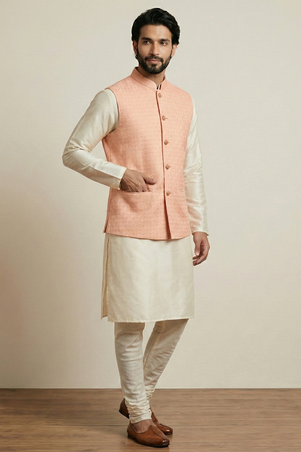 Cream Banarasi Dupion Kurta Pajama with Jacket