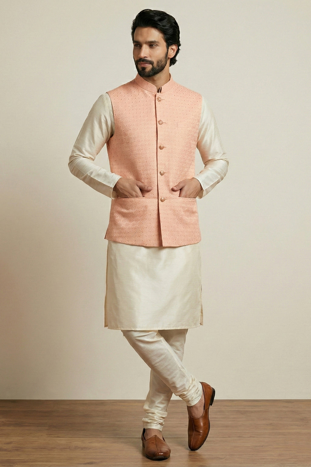 Cream Banarasi Dupion Kurta Pajama with Jacket
