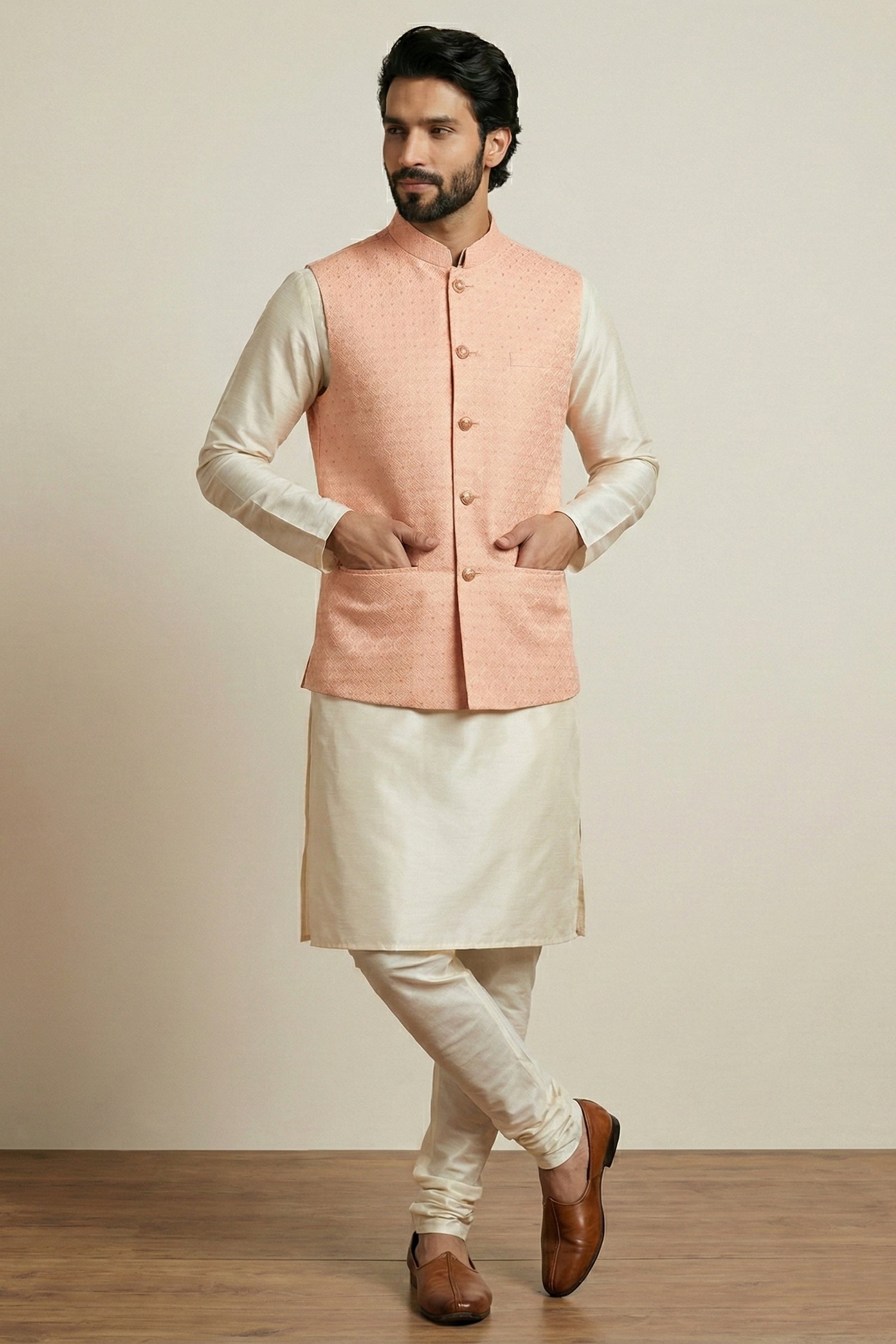 Cream Banarasi Dupion Kurta Pajama with Jacket